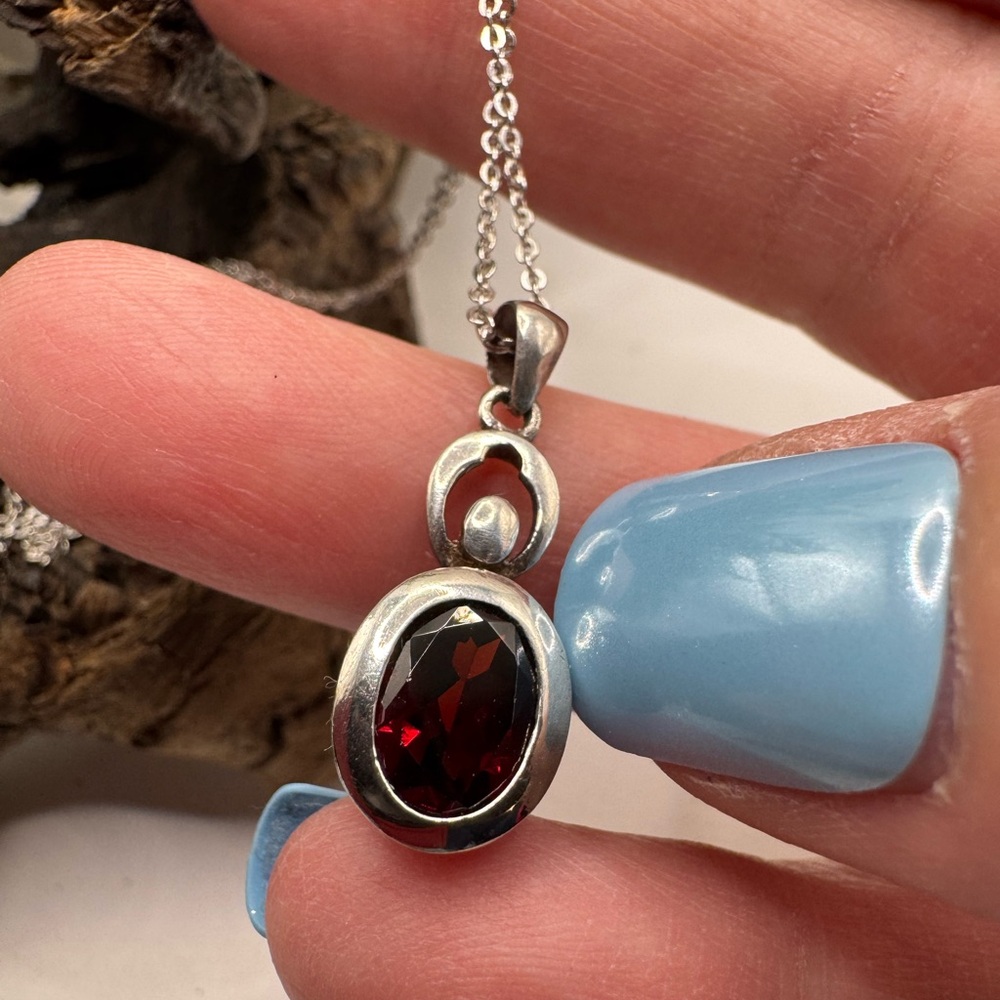 Lucas Lameth vintage stamped sterling and garnet pendant and chain, EUC.